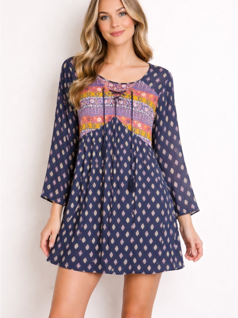 Xhiliration Boho Tunic Dress with Colorful Yoke